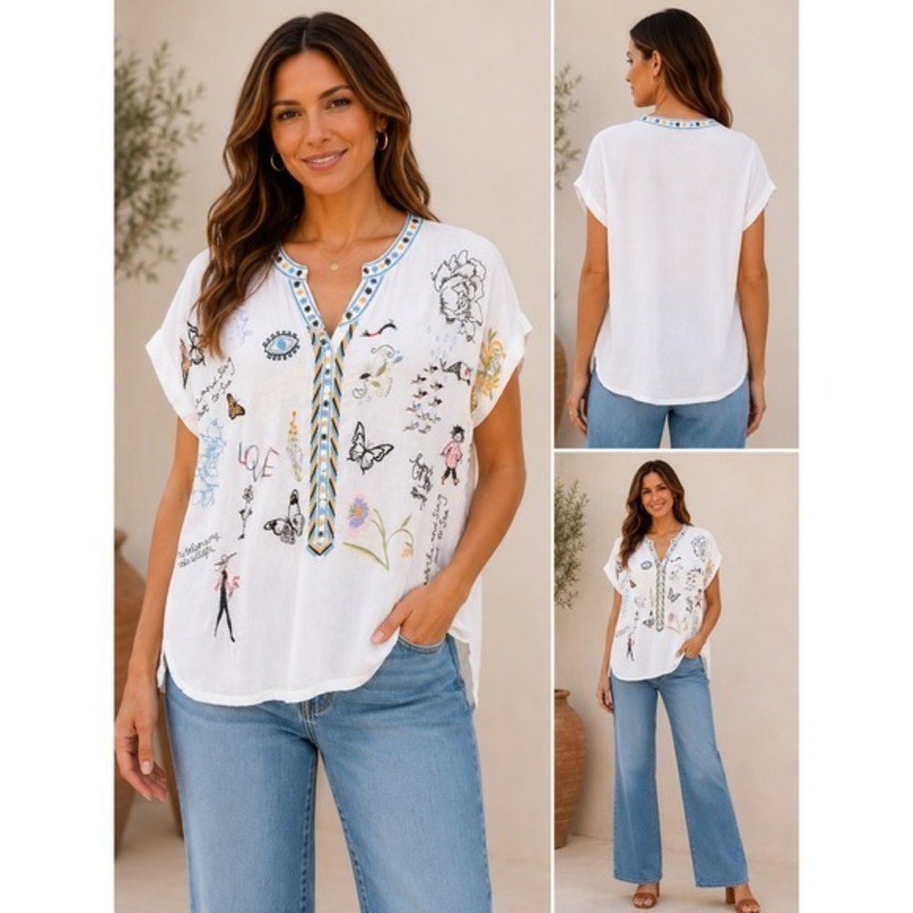 Johnny Was White Embroidered Butterfly Boho Blouse Top Medium Large